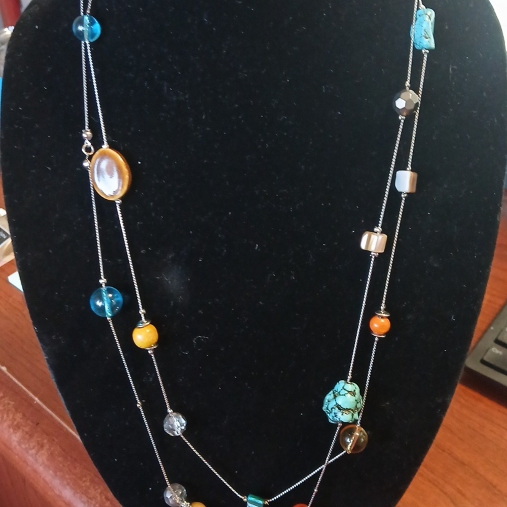 Elegant Beaded Necklace with Blue and Orange Accents